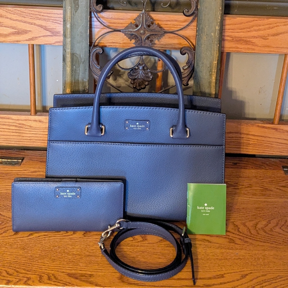 Kate Spade Navy Blue Leather Grove Street Caley Satchel & Matching Wallet - Picture 2 of 13